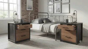 An angled close-up of the industrial bedside table, focusing on the top drawer being closed. The details of the matte black handle, the rustic wood drawer front, and the metal frame construction are prominent.