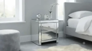 Reflective mirrored 2 drawer bedside unit adding light to a contemporary guest bedroom.