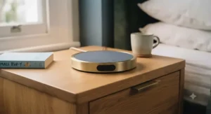 A contemporary nightstand featuring a discreet charging station with a functional USB port on the top surface.