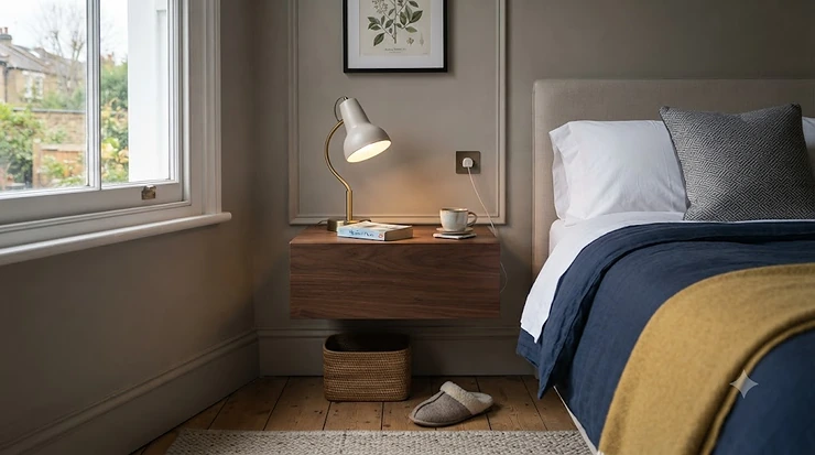 A modern oak floating bedside table mounted on a neutral wall in a contemporary British bedroom floating bedside table