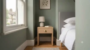 Narrow 1 drawer bedside table fitted snugly into a compact guest bedroom alcove