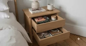 Open drawers of a narrow bedside cabinet displaying organized nighttime essentials like books, reading glasses, and hand cream.