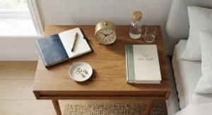 Top-down view of a slim bedside table surface showing ample space for an alarm clock and nightly accessories.