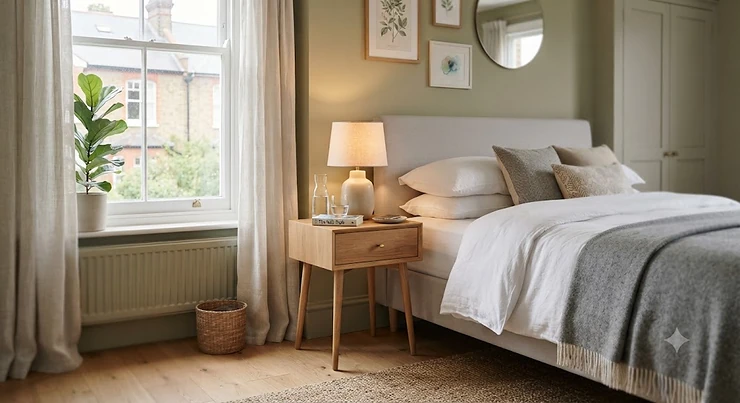 Styled narrow bedside table with a drawer and tapered wooden legs positioned next to a modern double bed in a compact British bedroom. narrow bedside table