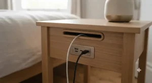 Rear view of a narrow bedside table featuring a built-in cable tidy slot for discreet phone charging overnight.
