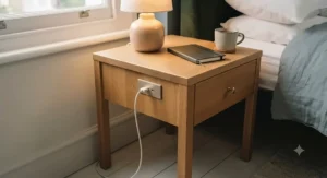 A tall, narrow bedside table with a single drawer and a built-in USB port designed for tight bedroom layouts.