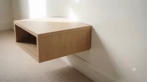 A detailed close-up showcasing the secure, flush installation of the light oak floating bedside shelf on a flawless, neutral plaster wall. No screws, nails, or drill holes are visible, demonstrating a perfect non-damaging solution for rented accommodation.