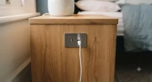 Close-up of a solid oak bedside chest showing the neatly integrated USB charging port on the side panel for easy device charging.
