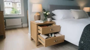 Modern oak bedside table showing open drawers filled with neatly organised everyday essentials like a book and charger.