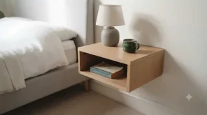 A minimalist, renter-friendly wall-mounted nightstand in light oak, styled with a small ceramic table lamp and a earthenware mug containing a warm drink. The clean design maximises floor space beside a contemporary bed frame in a modern flat.