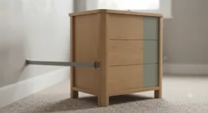 Rear view of a sturdy 3 drawer nightstand featuring safety anti-tip wall mounting brackets