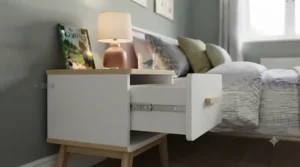 Close-up of safety features on a children's 1 drawer nightstand, highlighting child-friendly smooth rounded edges and anti-tip wall brackets.