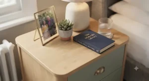 Top surface of a Scandinavian style 3 drawer nightstand styled with a decorative book and scented candle