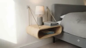 A stylish Scandinavian-inspired hanging bedside table crafted from light bent timber, suspended from the wall by natural jute ropes. This unique piece holds a ceramic lamp and a book, offering a decorative, temporary bedside solution.