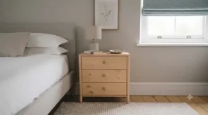 Scandinavian inspired light pine 3 drawer bedside unit placed on a neutral wool rug.