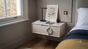 Scandi-style light ash wooden floating bedside table positioned next to a low-profile double bed