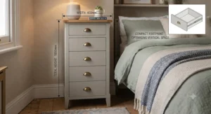 Technical layout showing the narrow footprint of a tall bedside chest for small rooms next to a standard single bed.