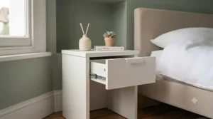 Compact white 1 drawer bedside cabinet showing storage space for a small UK bedroom