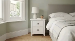 Compact white 2 drawer bedside cabinet showcasing compact storage for small British bedrooms.