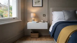A compact white floating bedside shelf saving floor space in a small London apartment bedroom