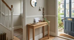 A versatile narrow accent table used as a slim hallway drop-zone for keys and post in a compact British terraced house.