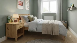 Natural solid pine 1 drawer nightstand suitable for a small kids room, highlighting durable wood grain and safe rounded corners.