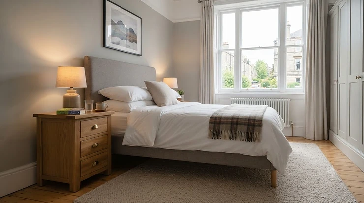 Styled white bedroom featuring a compact solid oak 3 drawer bedside table with brass handles. 3 drawer bedside table