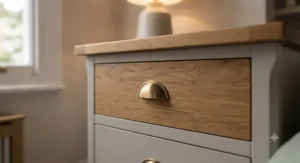 Close-up of the natural grain finish on a wooden tall bedside chest for small rooms, highlighting British craftsmanship and durability.