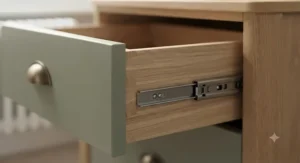 Close up of dovetail joints and smooth metal drawer runners on a wooden 3 drawer nightstand