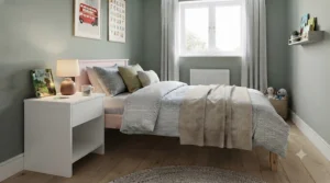 Space-saving 1 drawer bedside cabinet next to a toddler bed, demonstrating how compact bedroom furniture fits neatly into smaller UK properties.