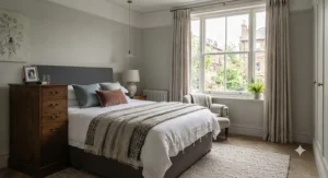 A tall bedside chest maximising vertical storage space in a compact UK apartment bedroom