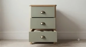Open drawers of a 3 drawer bedside chest displaying generous storage capacity for nighttime essentials