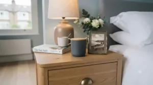 Contemporary black bedside table with two drawers styled with a scented candle and framed photograph.