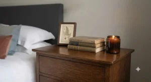 Decorated top surface of a tall bedside chest featuring books and a scented candle
