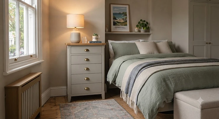 Styled compact bedroom featuring a tall bedside chest for small rooms, optimising vertical space with a neutral colour scheme. tall bedside chest for small rooms