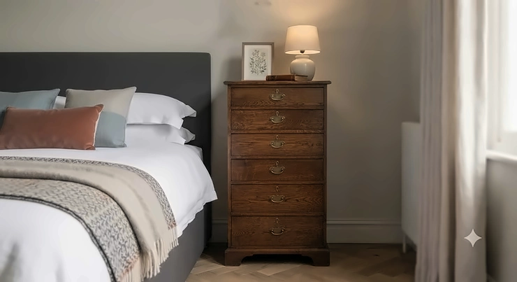 Dimensional diagram showing a narrow tall bedside chest fitting neatly beside a standard UK bed tall bedside chest