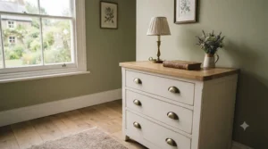 Classic ivory painted bedside chest with traditional cup handles in a cosy country-style interior.