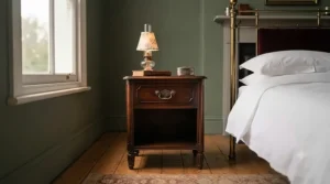 Traditional Victorian-style 1 drawer bedside chest featuring antique brass pull handles