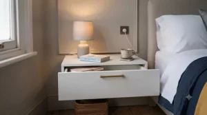 Close-up of a wall-mounted bedside table featuring a discreet storage drawer and a stylish brass handle