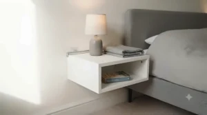 A clean, matte white floating nightstand featuring a single discreet drawer for storage. It is styled with a simple grey lamp and a folded throw, mounted on a white wall using a non-damaging temporary fixing bracket.