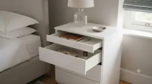 Minimalist white high-gloss 3 drawer bedside chest demonstrating deep storage drawers open.