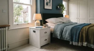 A classic white wooden bedside cabinet styled with a reading lamp and a modern USB charging port.
