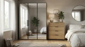 Demonstrating bedroom furniture flexibility with a freestanding wardrobe with mirror next to matching bedside drawers.