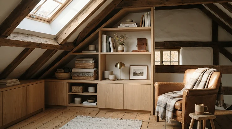 White built-in wardrobe for loft bedroom maximizing awkward corner space with integrated shelving