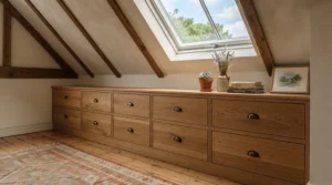 Low-level built-in wardrobe for loft bedroom incorporating deep drawers into eaves storage