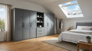 Modern grey built-in wardrobe for loft bedroom blending seamlessly with neutral wall paint