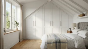 Custom built-in wardrobe for loft bedroom fitted neatly under sloping eaves with shaker doors