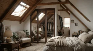 Space-saving built-in wardrobe for loft bedroom featuring mirror sliding doors for compact areas