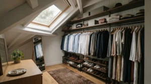 Spacious built-in wardrobe for loft bedroom creating an open walk-in dressing area under timber beams