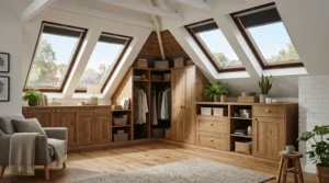 Bespoke fitted furniture using built-in wardrobe kits under an angled attic ceiling